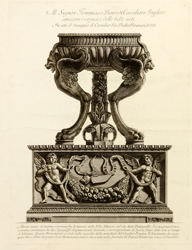 Marble Altar in the Form of a Tripod Vase from Hadrian's Villa, Tivoli, Supported on a Monument from Palazzo Barberini by Giovanni Battista Piranesi - Davidson Galleries