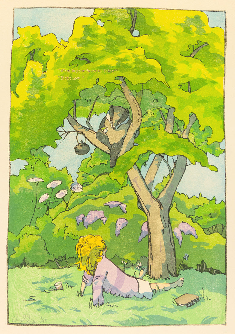 Print of girl looking up at a badger in a tree. Illustration.