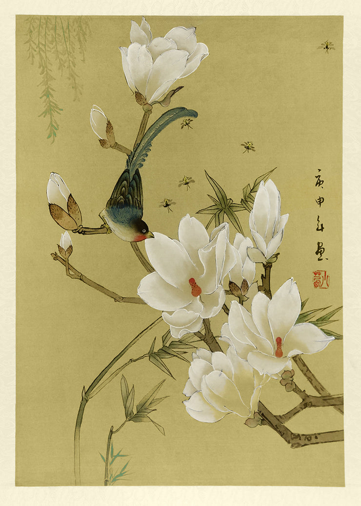 Blue Bird and Bugs with White Blossom by Artist Unidentified - Davidson Galleries