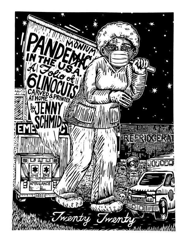 Pandemic Pandemonium (Suite of 6 linocuts) by Jenny Schmid - Davidson Galleries