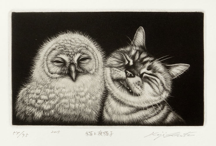 Cat and Night Owl  (猫と夜猫子) by Koji Ikuta - Davidson Galleries