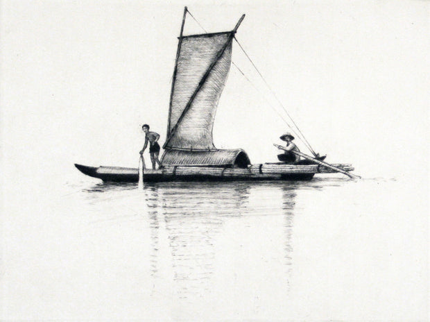 Chinese Boat with Two People (square, white background) by Arne Bendik Sjur - Davidson Galleries